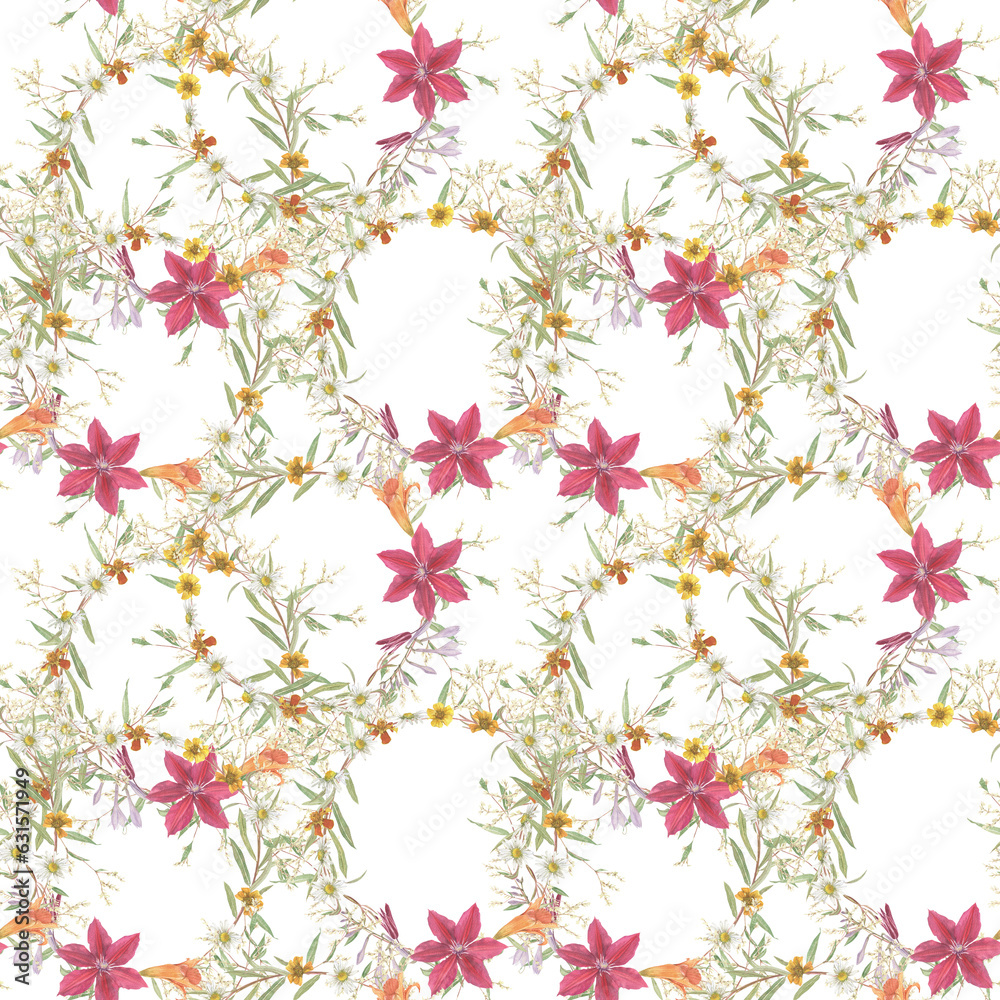 Obraz premium Seamless pattern of watercolor garden flowers on a white background. Daisies, clematis flowers and small garden greens.
