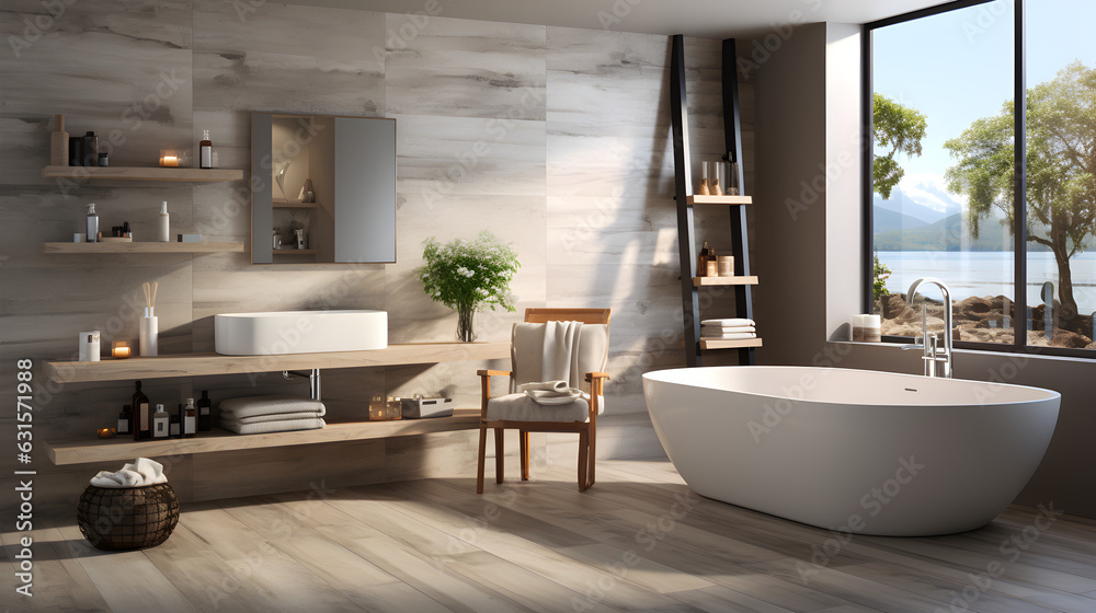white bathroom Toilet and bath on the side, modern flooring Generative AI