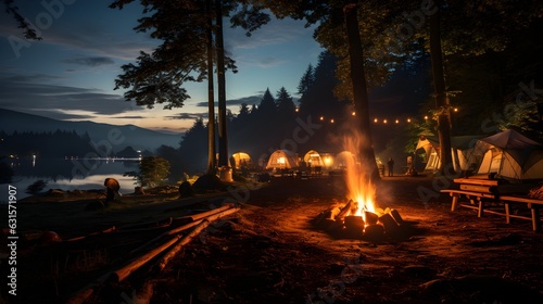 A stunning campsite in the woods at night, illuminated by a fire pit and tent lanterns. A lake is nearby. Generative AI.