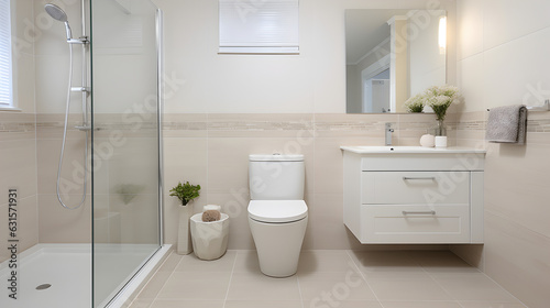 white bathroom Toilet and bath on the side  modern flooring Generative AI