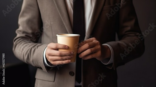 Businessman in suit holding coffee cup