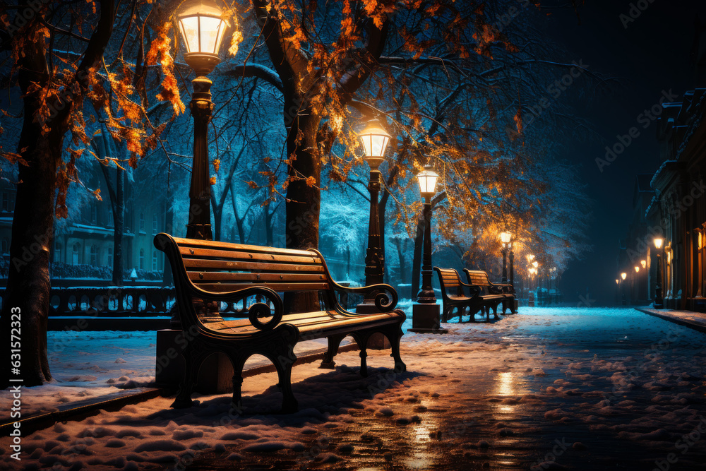 Winter night park with lights. Evening dark winter city park. Generative AI.