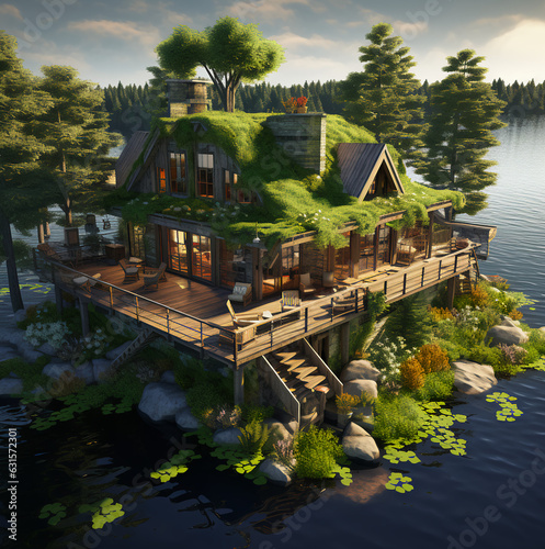a small cottage on lake winnipesaukee, white green roof, deck, in the style of minecraft