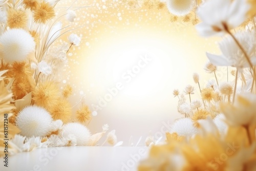White dandelion flowers on white background with copy space.
