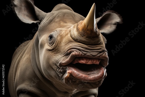 Funny surprised rhinoceros with open mouth.