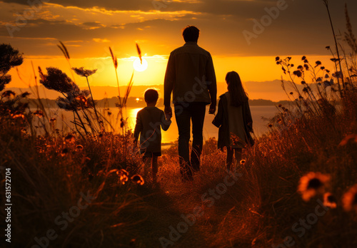 Silhouette of family father with daughters. Fathers day shadows. Generative AI. © Vadim