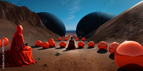  A surreal illustration of a woman sitting in the desert surrounded by spheres