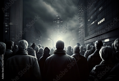 a crowd of people at a group concert on the street of a big city in the beams of spotlights. AI Generated