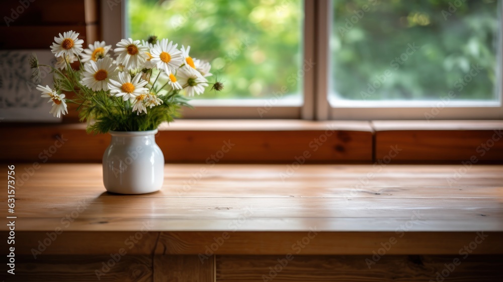 Daisies in a vase on a wooden table.