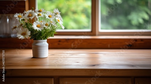 Daisies in a vase on a wooden table.