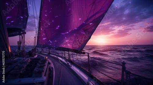 Sailing yacht in the sea at sunset. View from the deck.