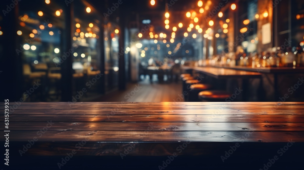 Empty wood table top on blur cafe restaurant in dark background
