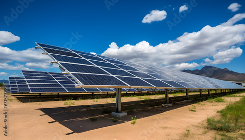 Outdoor solar panels  solar field  blue sky with white clouds  clean energy  green energy  alternative energy  eco