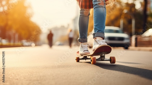 Skateboarder in street, closed up leg