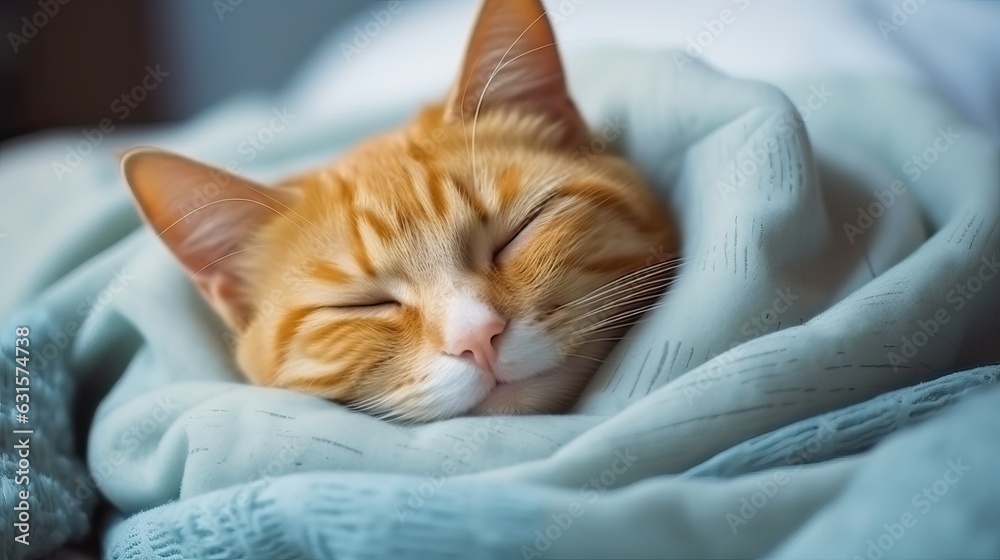 Cute ginger cat is sleeping in the warm bed. Cute ginger cat is sleeping in the warm bed.