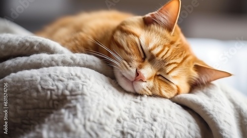 Cute ginger cat is sleeping in the warm bed. © thesweetsheep