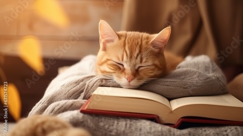 Cute ginger cat is sleeping in the warm bed.