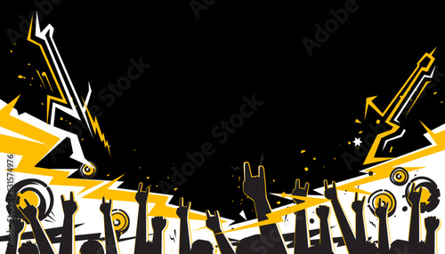 Party music decorated with rock and roll hand signs on a background design template for a music festival banner or concert poster. photo