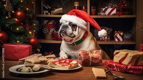 Dog wear Santa hat opening present on party table