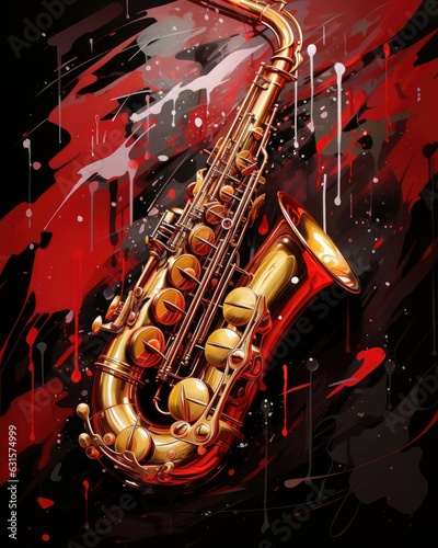 The image contains a red and black abstract background  a saxophone  and a paint splash.  Generative AI 