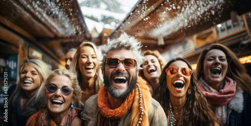 Trendige Touristen haben Outdoor Spaß beim Après-Ski. Im Hintergrund Holzhütten, Berglandschaft und Schneeflocken