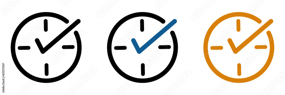 Check mark on clock vector icons. Real time protection vector signs