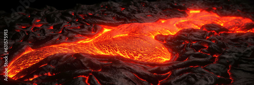 Panoramic image of the current boiling lava after the eruption of the volcano. Molten hot magma. Detailed view of the lava flow coming out of the crack of the earth. Generative AI.