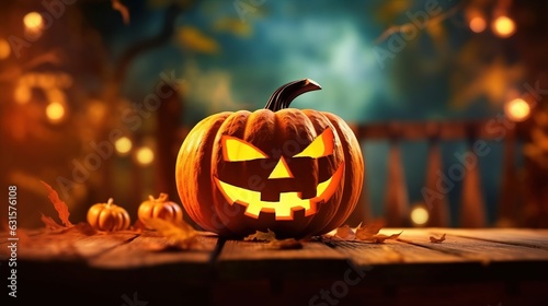 Jack o lantern Halloween symbol background Pumpkins on wooden board. Generative ai