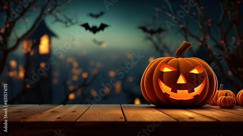 Jack o lantern Halloween symbol background Pumpkins on wooden board. Generative ai