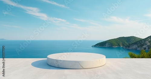Marble podium with defocused views of the sea in the background. Copy space