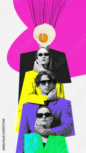 Canvas Print Art collage with egghead boss with team in bright jackets over white background