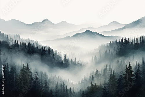 Photo realistic illustration of beautiful mountain forest fog. Misty pine tree forest. Generative AI
