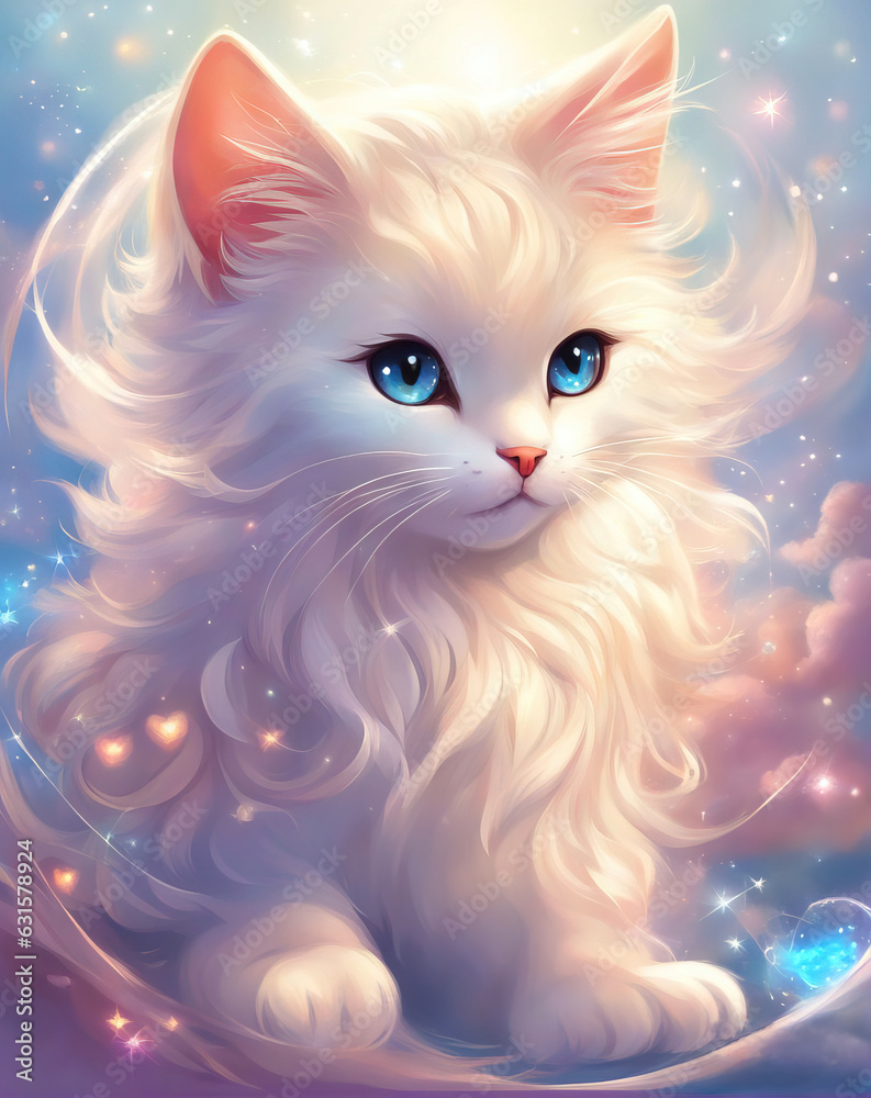 Funny little kitten, cute small fluffy kitten with big eyes  illustration.
