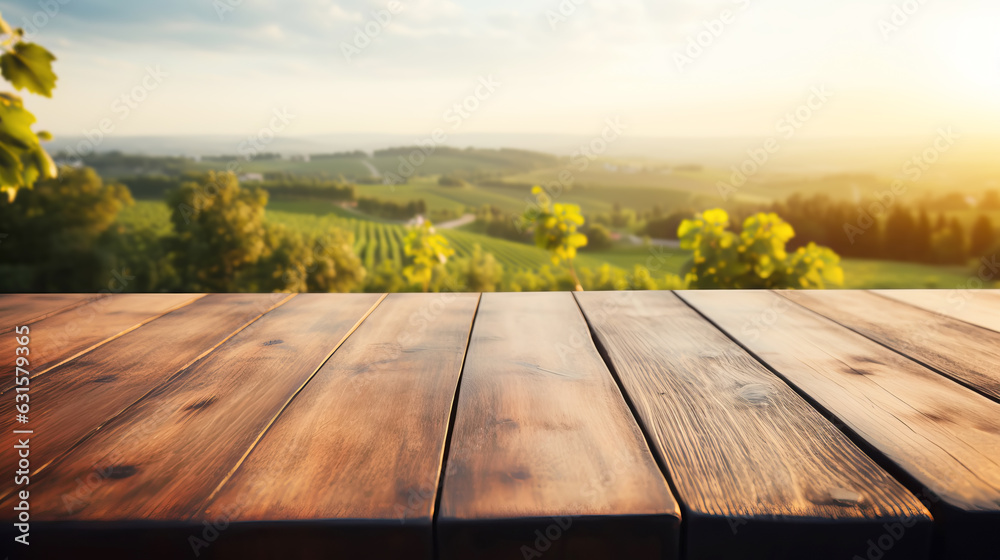 Empty wooden table with vineyard background. Selective focus on tabletop. 