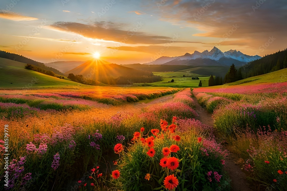sunset over the field, A tranquil meadow bursting with vibrant wildflowers, each petal and stem delicately rendered in the natural light of a golden afternoon - obrazy, fototapety, plakaty 