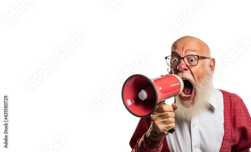 Old man yelling into a megaphone. Isolated on white background with copy space.