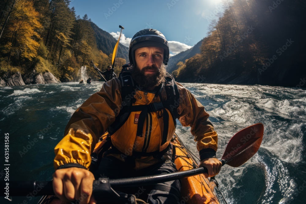 Kayaking at its best Man in kayak sailing in a mountain river