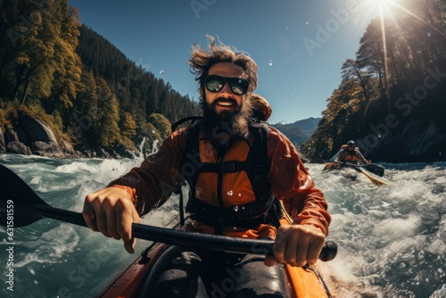 Kayaking at its best Man in kayak sailing in a mountain river