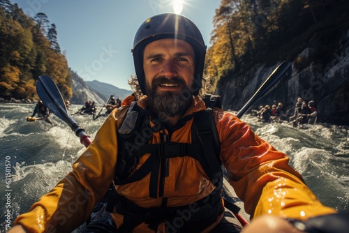 Kayaking at its best Man in kayak sailing in a mountain river