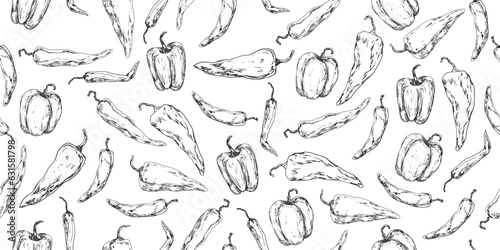 Photo Seamless pattern with hot peppers sketches