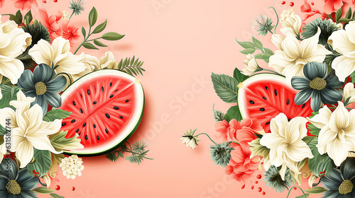 italy style Fruit pattern of pineapples, watermelons flowers on pink background 