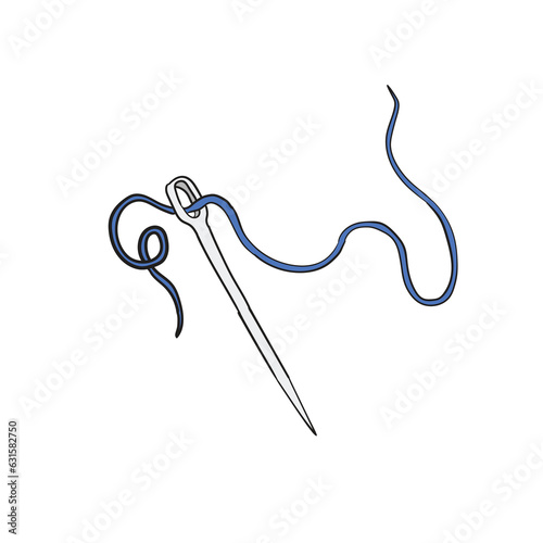 Hand-drawn cartoon metal thread and needle on a white background.