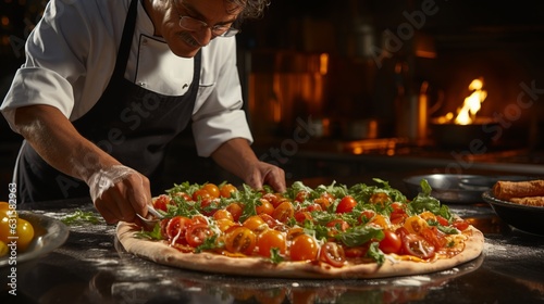 
Professional chef in a pizzeria,
pizzaiolo. Fatty food and fast food. concept: cooking profession, cooking and food preparation courses. generative ai