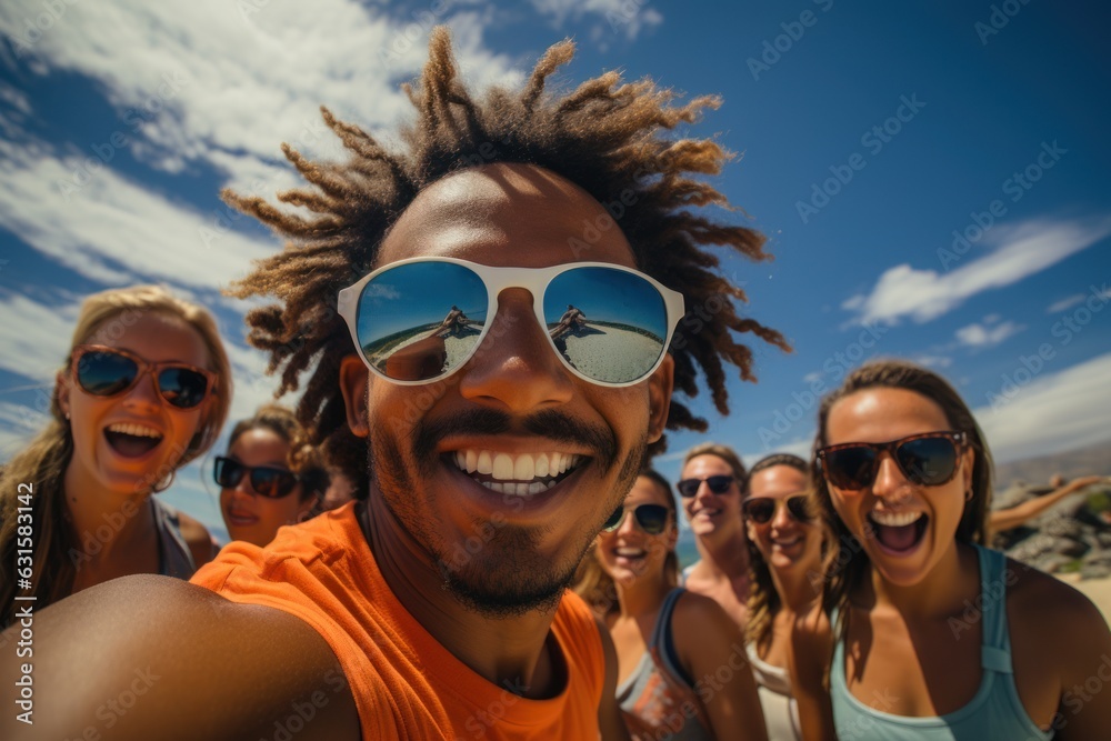 Group of friends - women and men - playing beach volleyball, one in front doing tricks to the ball Group of friends - women and men - playing beach volleyball, one in front doing tricks to the ball