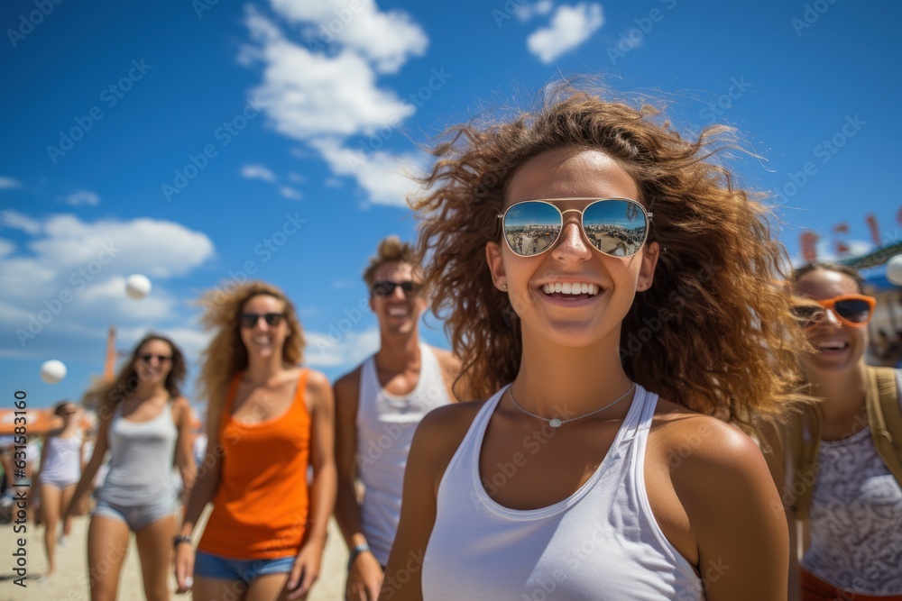 Group of friends - women and men - playing beach volleyball, one in front doing tricks to the ball