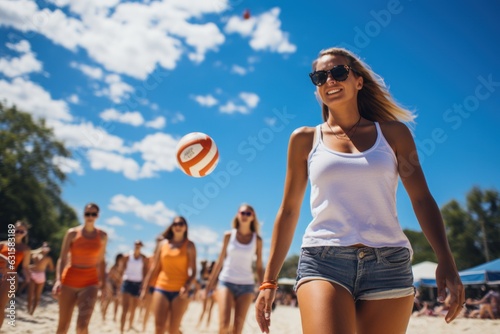 Group of friends - women and men - playing beach volleyball, one in front doing tricks to the ball © sirisakboakaew