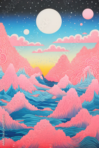 Illustration of abstract mountain range background with red and blue colors. Generative AI. Risograph style photo