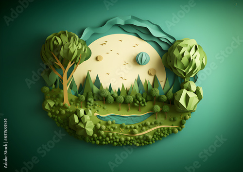 Meadows, mountains and lakes in a circel in paper cut style