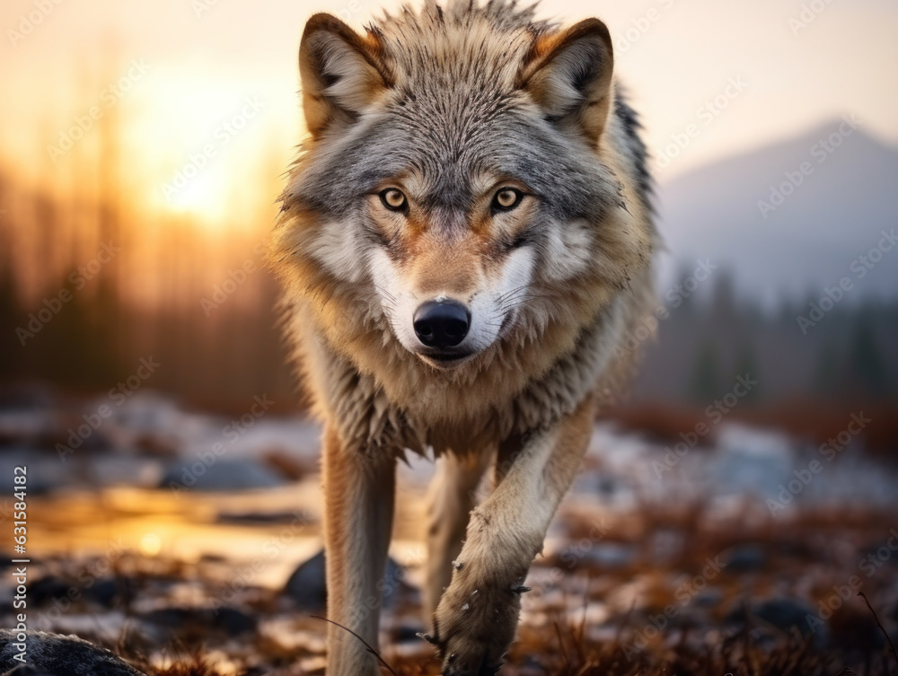 Obraz premium Wolf in its Natural Habitat, Wildlife Photography, Generative AI