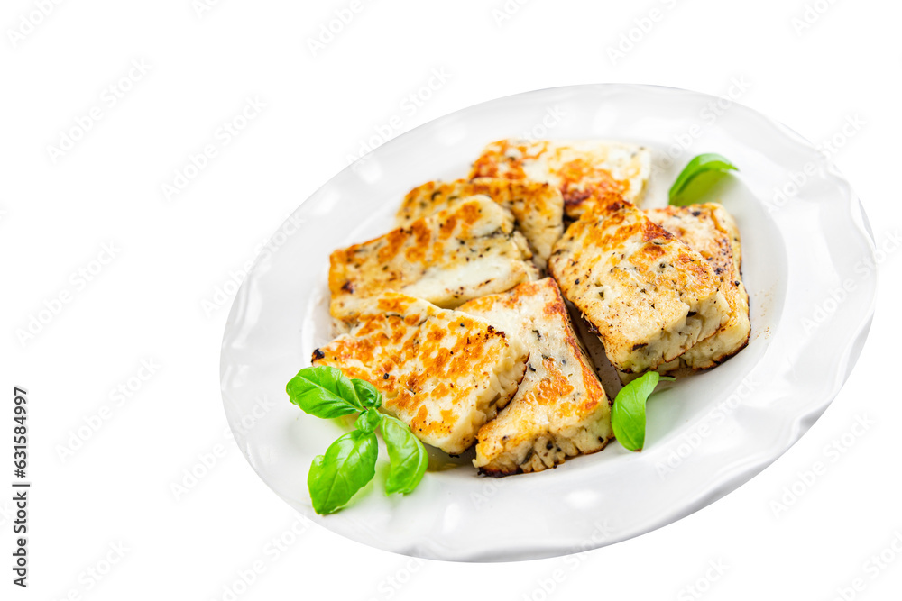 fried cheese halloumi basil meal food snack on the table copy space food background rustic top view